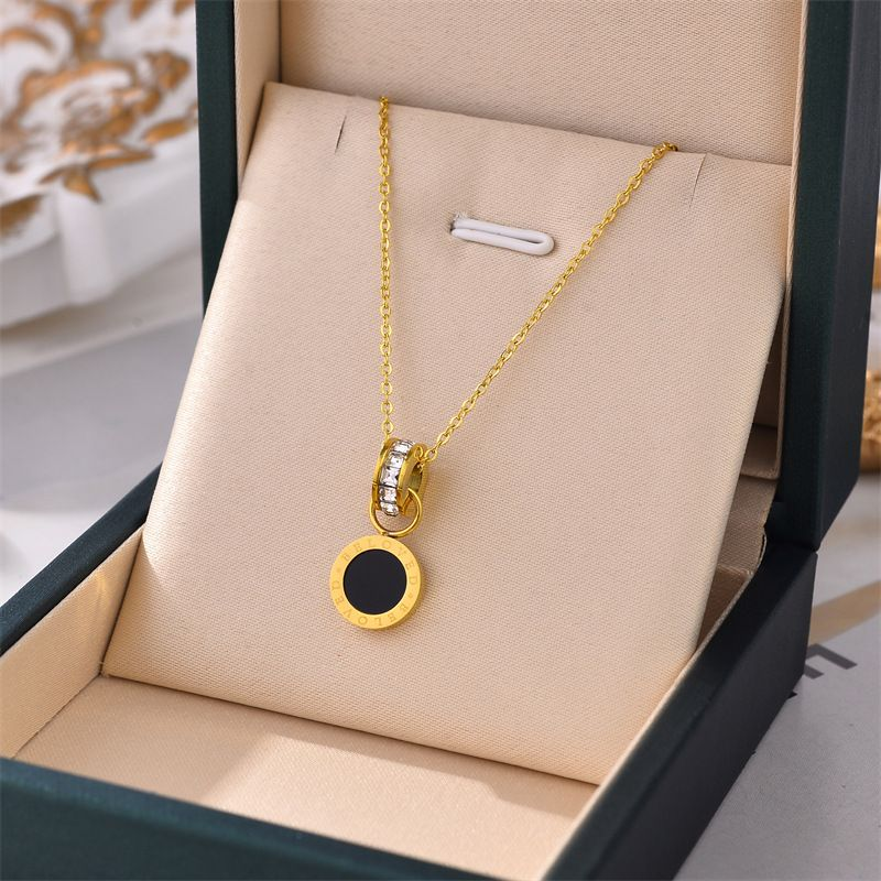 Collana con ciondolo in smalto nero rotondo semplice in acciaio inossidabile per donna, moda, dolce e romantica, sposa, matrimonio, cristallo, zircone_voghion.com