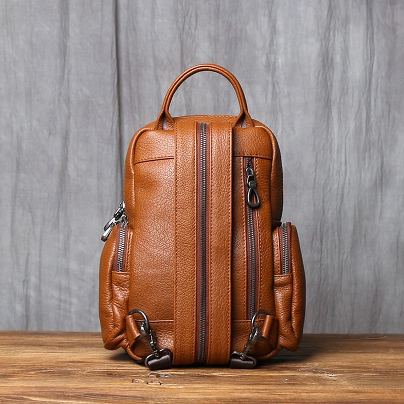 Black men's backpack, new casual leather small backpack, top layer cowhide chest bag, multifunctional travel crossbody bag_voghion.com