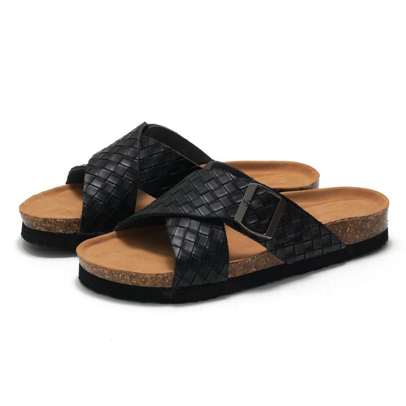 STOCK New Cork Sole Cross Strap Flip Flops Men's Sandals Student Beach Shoes_voghion.com