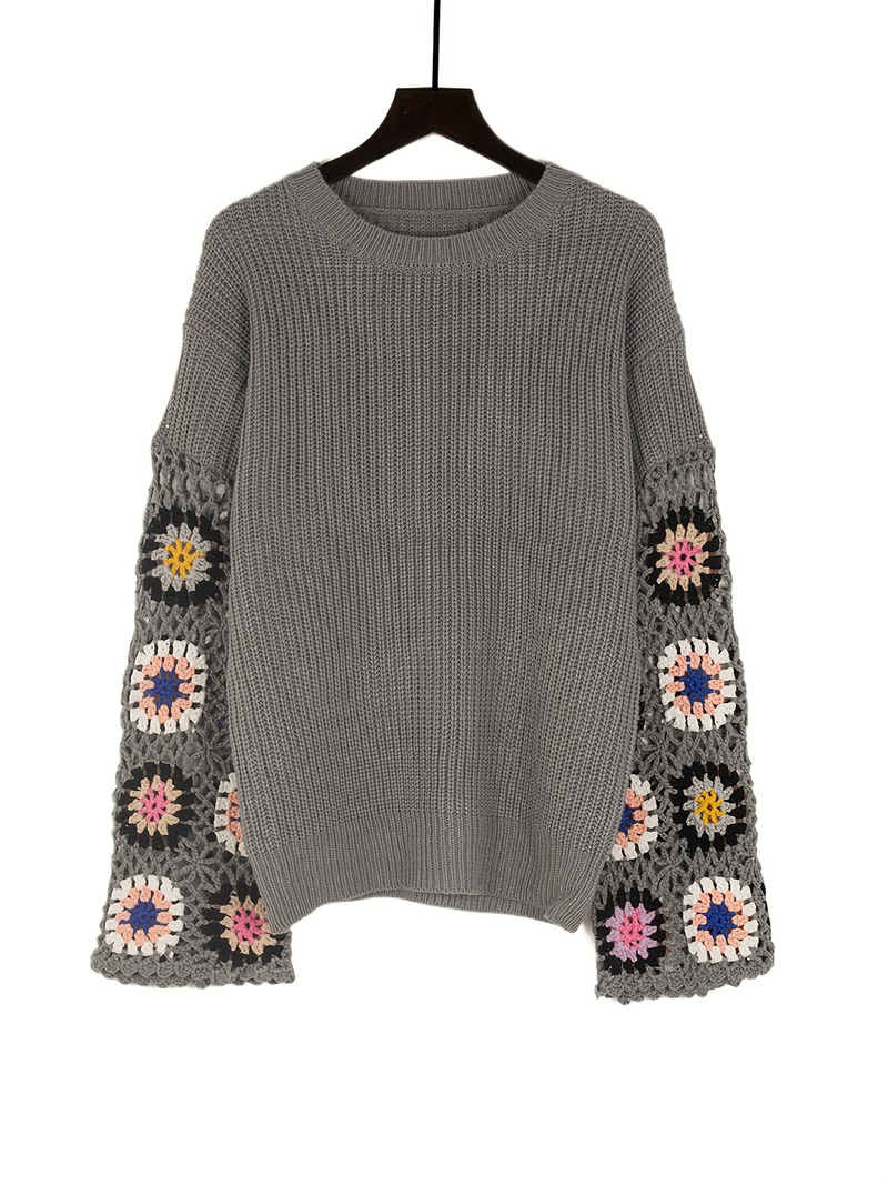 Jacke Gestrickte Trompetenärmel Hand Ausgehöhlt Gemischte Farbe Häkeln Pullover Rundhals Pullover Top_voghion.com