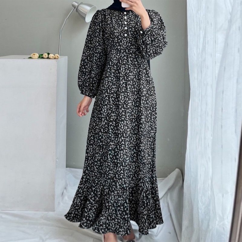 Women's Clothing Muslim Casual Long Sleeved Open Door Loose Printed Button Down Dress_voghion.com