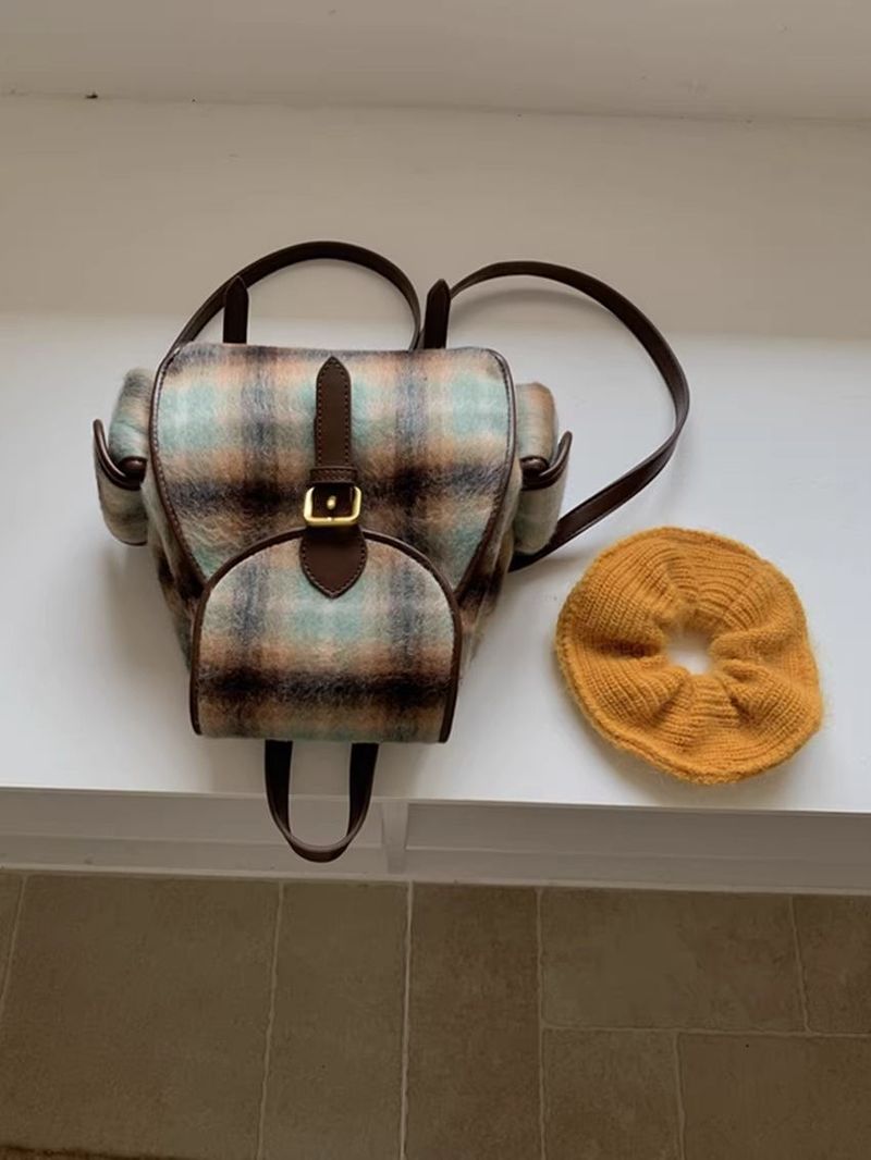 Vintage Woolen Velvet Whi Checkered Autumn Winr College Style Student Backpack For Women Commuting Simple British_voghion.com