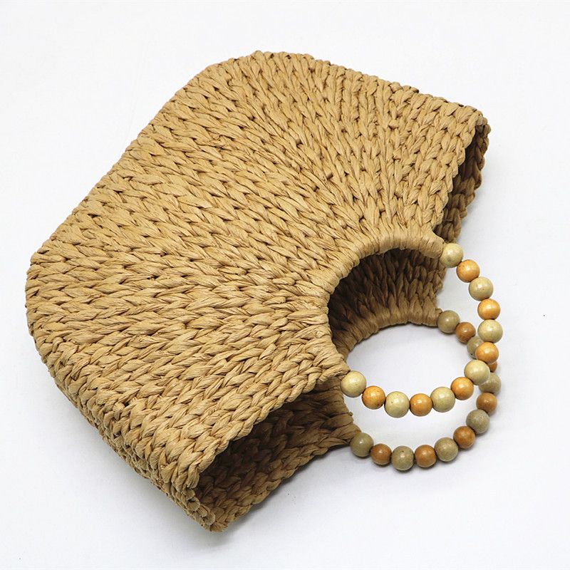 2024 Craft New Wooden Pearl Moon Borsa grande da donna in tessuto di erba da spiaggia di cammello, portatile_voghion.com
