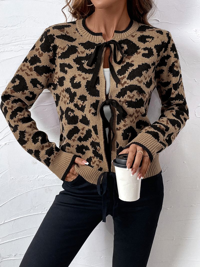 Women's Clothing new leopard print bow tie knitted sweater autumn and winter long sleeved cardigan top_voghion.com