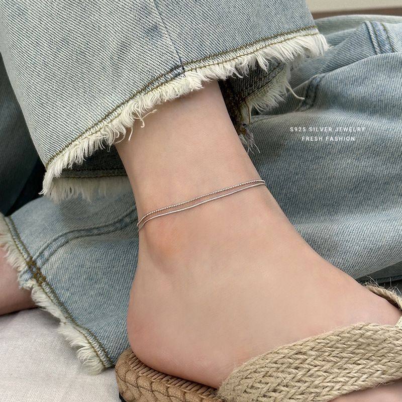 Minimalist Double Layer Anklet For Women, Pure Silver Fashion Round Bead Chain Anklet, Versatile And Unique Foot Jewelry_voghion.com