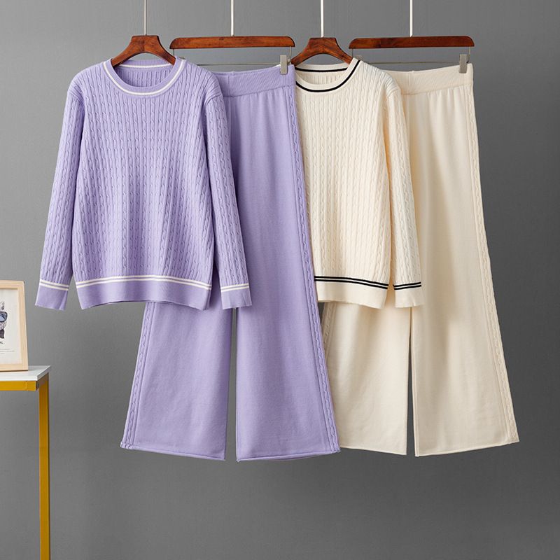 Elegante set di maglione e pantaloni in maglia - Completo casual a righe con pullover a maniche lunghe e pantaloni in morbida miscela di viscosa, versatile per l'ufficio e per tutti i giorni_voghion.com