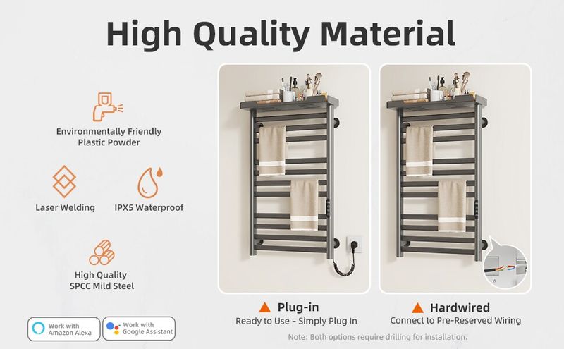 SIOYIE Heated Towel Rack With Shelf And Wi-Fi App Control, 11 Bars Electric Wall Mounted Towel Warmer With Timer & Adjustable Temperature, Low Carbon Steel, Plug-in/Hardwired, Gray_voghion.com