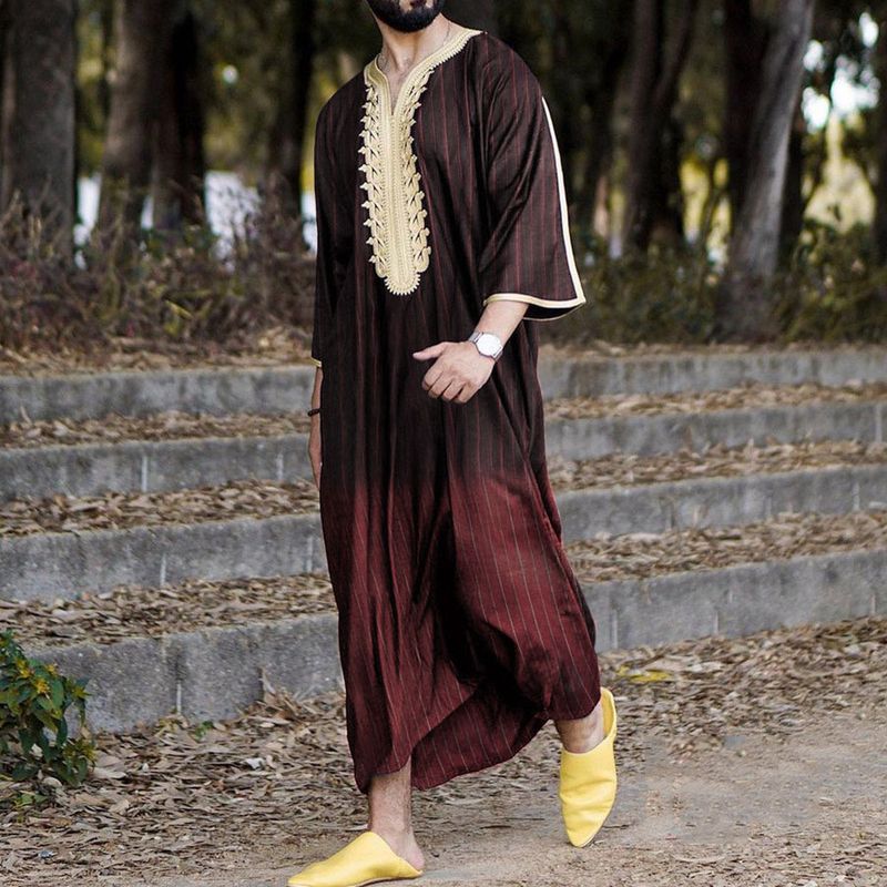 Männer Muslimischen Sommer Mode Lose Robe Islam Kaftan Männer Kleidung Dubai Luxus Muslimischen Abaya Muslimischen V-ausschnitt Kurzarm Druck_voghion.com