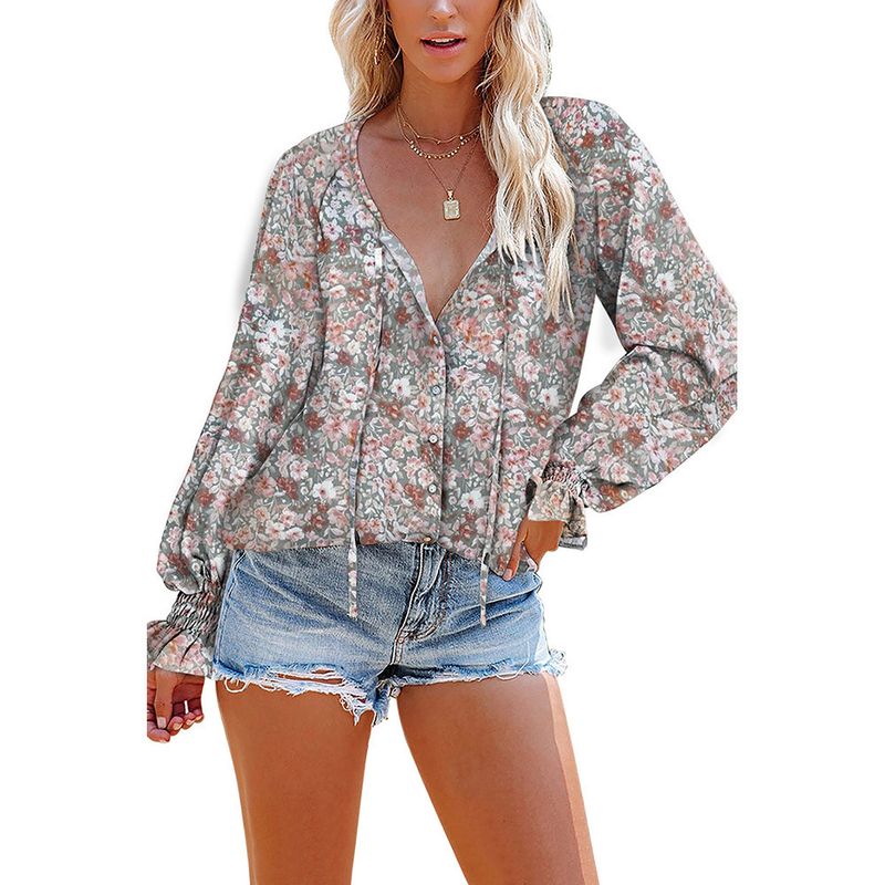 Women's Clothing Loose V-neck Pullover Casual Top Long Sleeved Floral Lotus Leaf Sleeved Chiffon Shirt_voghion.com