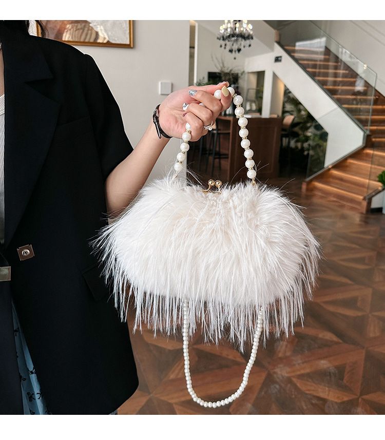 Borsa a tracolla con tracolla in stile fata, piccola borsa quadrata con catena di perle di peluche di grande capacità_voghion.com