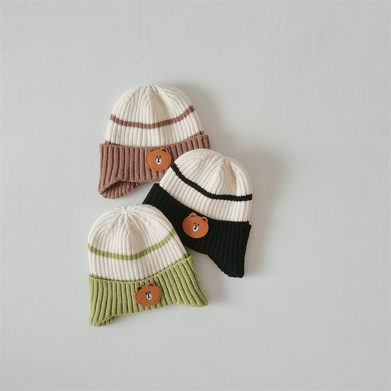 Børnekasketter Love Bear farvekodede ørekopper Baby elastiske tykke uldkasketter_voghion.com