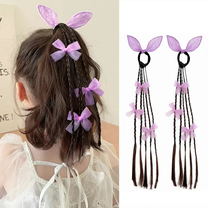 Cute Butterfly Braided Wigs For Girls Elastic Bands DIY Braids Synthetic Ponytail With Rubber Band Hair Extensions_voghion.com