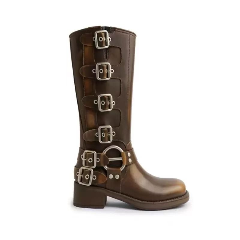 Cintura Miu Family con fibbia, tacco grosso, lunga, da donna, con punta quadrata, slip-on, stile motociclista, marrone, stile western da cowboy_voghion.com