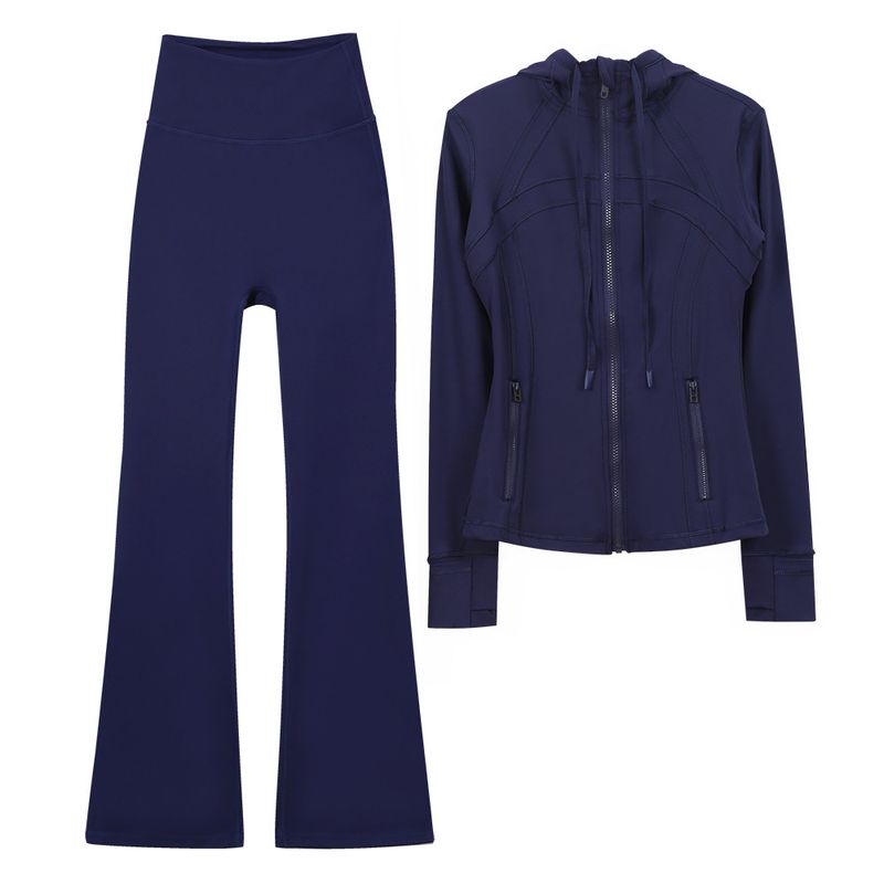 In Stock Hooded Flared Jacket Set Top Long Sleeve Women Tight Elastic Fitness Sports Running Yoga Outfit_voghion.com