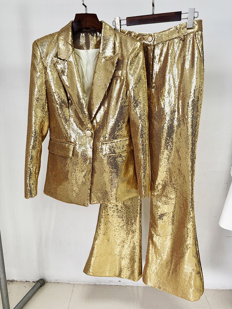 Damenbekleidung Mode Gold Pailletten Anzug Jacke Hose Anzug Zweiteiliger Anzug_voghion.com