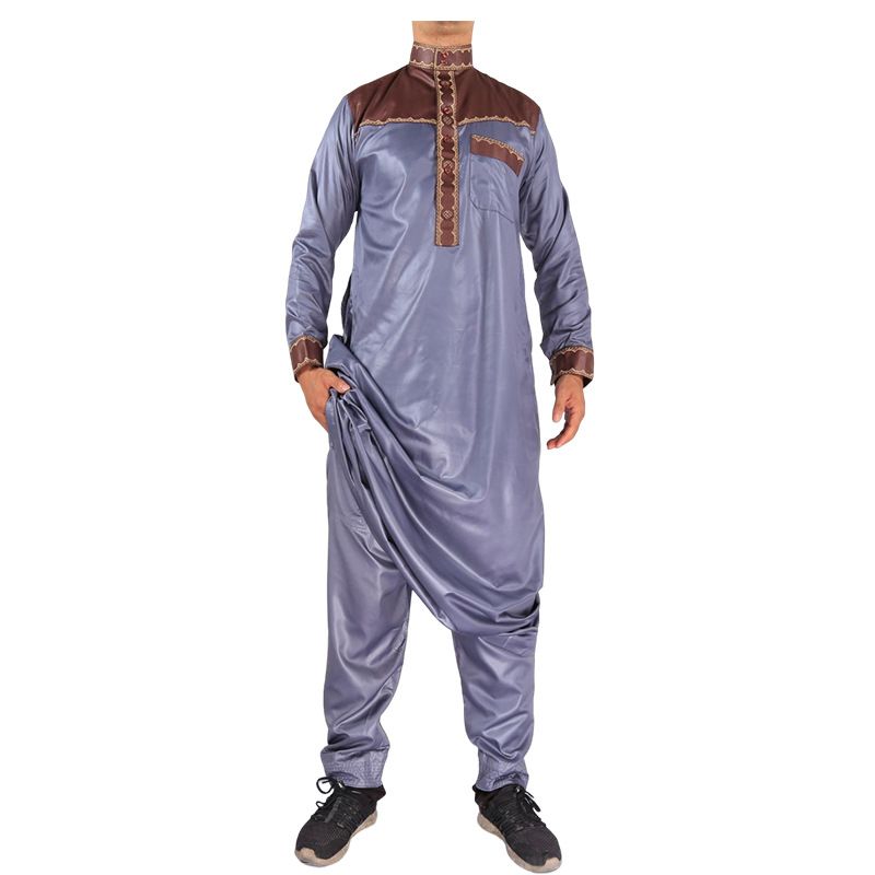 Herrenbekleidung Spleißen Stickerei Arabische Herrenrobe Zweiteiliges Set Stehkragen Langarm Hemdärmel Islamische Robe_voghion.com