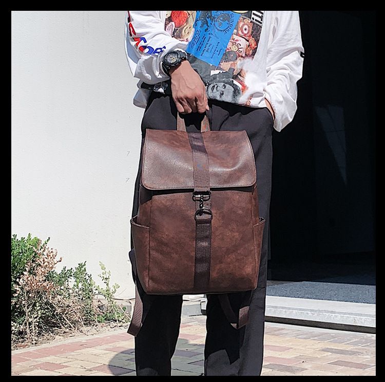 Retro Backpack Male PU Leather Backpack Female College Student Simple Schoolbag Campus Computer Bag Large Capacity Travel Bag_voghion.com