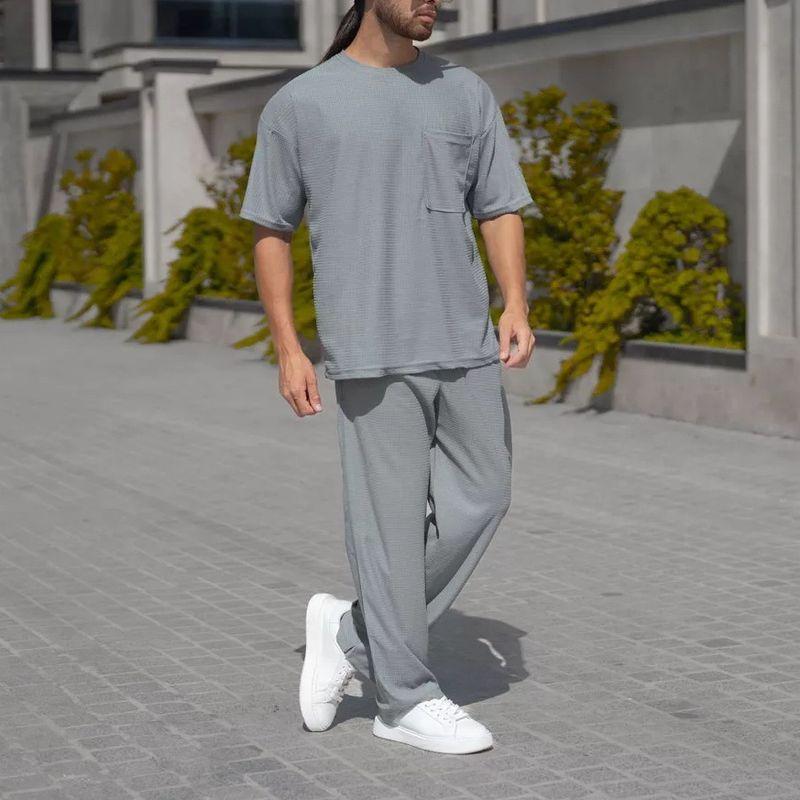 "Men's Waffle Knit Short Sleeve Set – Breathable Loose Fit Crew Neck T-Shirt & Casual Pants (Black/Grey/Khaki/Green, Sizes S-XXXL)"_voghion.com