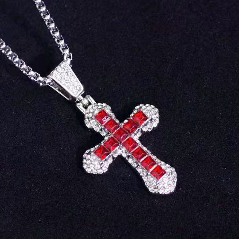 Herenketting Hip Hop Diamant Kruis Zirkonium Rood Blauw Roze Zilver Koppel Hanger Trendy Straataccessoires Voor Mannen En Vrouwen_voghion.com