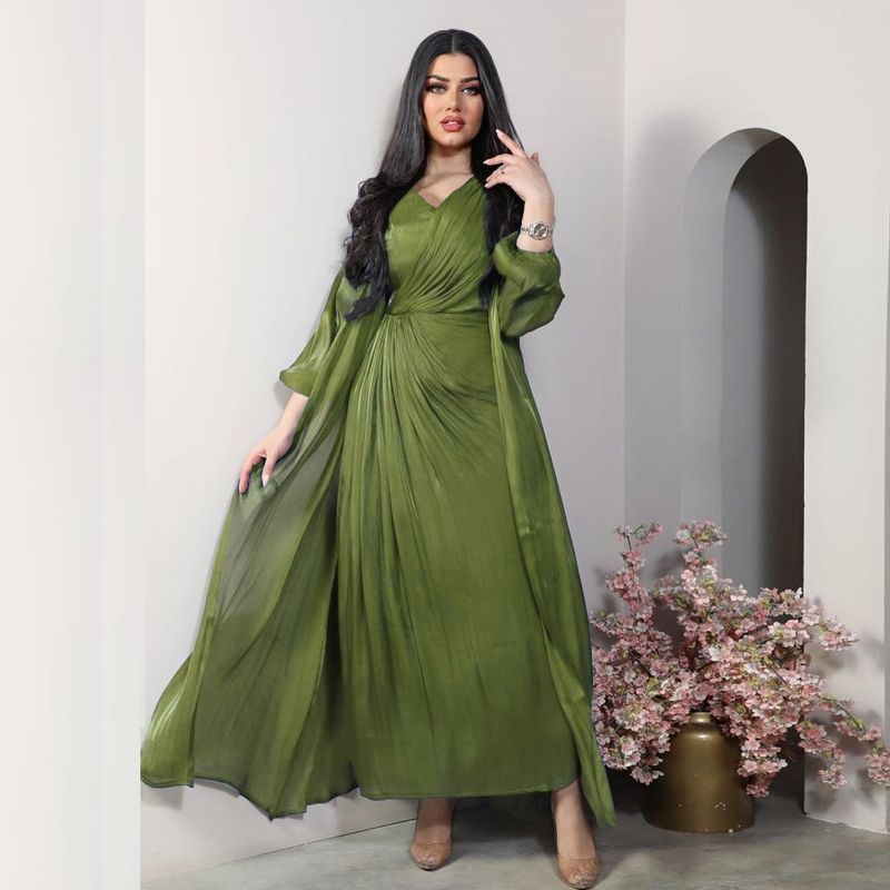 Damenbekleidung Helles Seidenkleid Dubai Robe Mode Abaya Weicher Zweiteiler_voghion.com