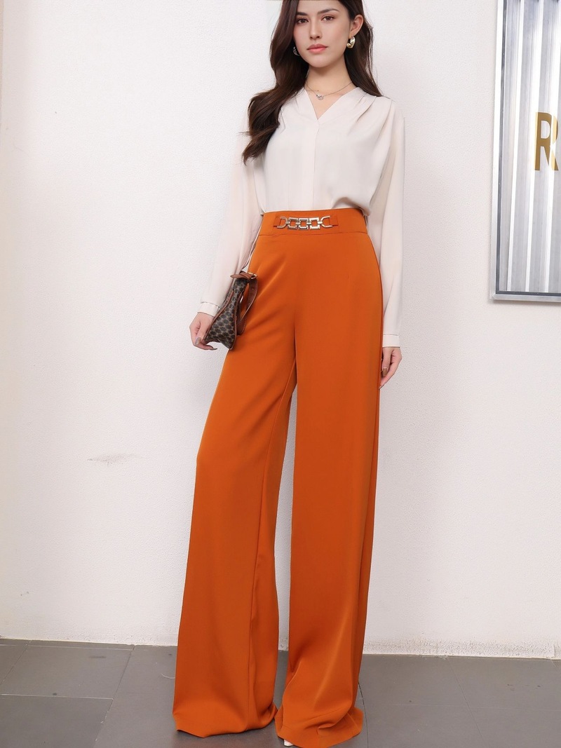 Women's solid color vertical fashion wide leg pants long dress pants suit pants_voghion.com