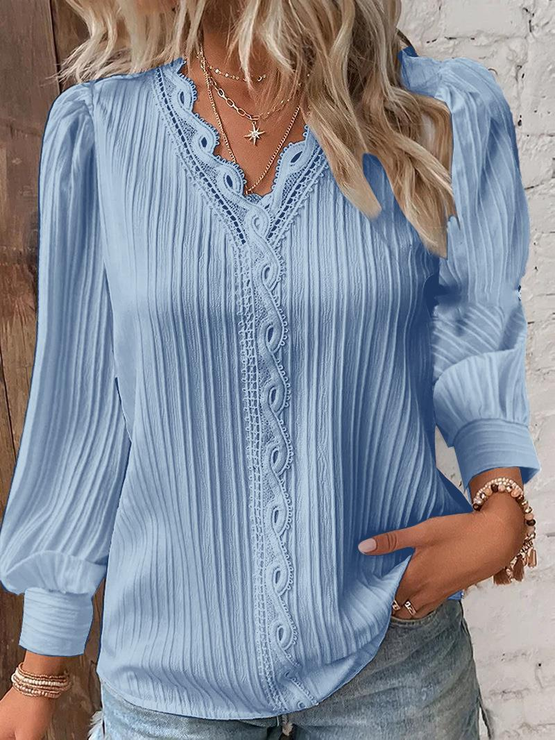 Camicia da donna con cuciture in pizzo con scollo a V a maniche lunghe autunno vendita calda da donna_voghion.com
