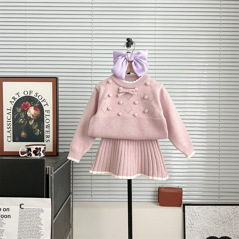 Set maglione per bambine autunno e inverno 2024, versione coreana, gonna pullover in stile occidentale, set lavorato a maglia in due pezzi_voghion.com