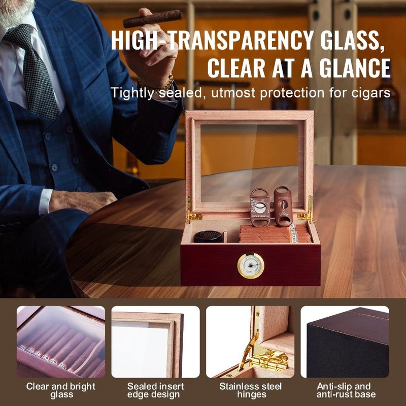 Hygrometer Box Glasstop Cigar Cigars Storage Humidifier 50 Cedar Humidor_voghion.com