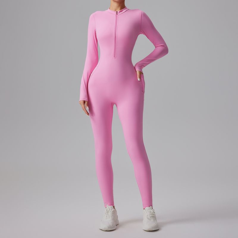 LazyZoom Half-Zip Yoga Jumpsuit Bare Sensation Slim Fit Slimming Dance Fitness One-Piece Sportswear_voghion.com