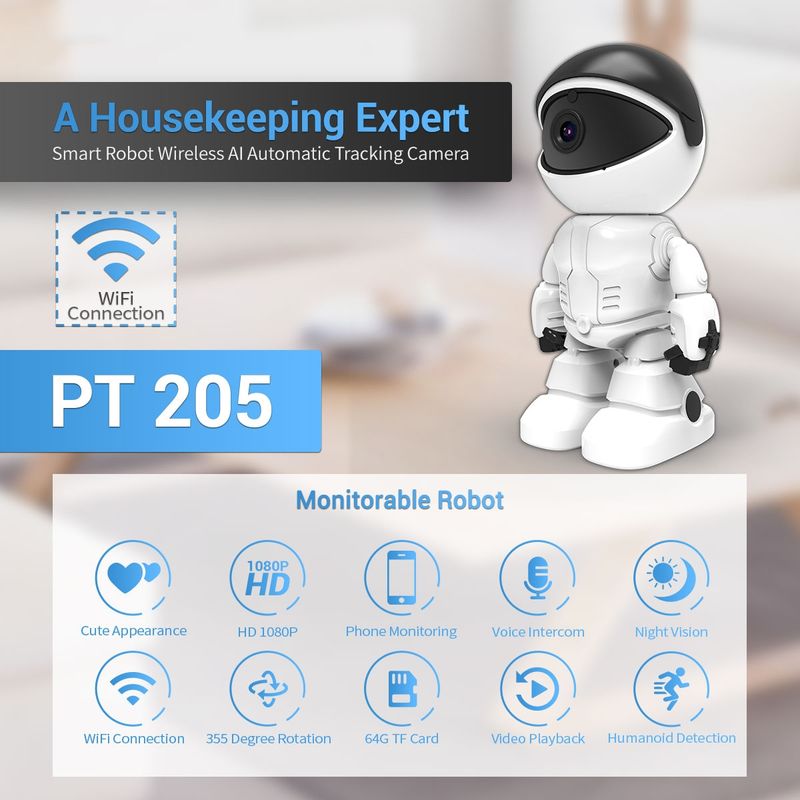 Cámara IP WiFi robótica PT205 HD 1080P, compatible con detección de movimiento/visión nocturna, distancia IR: 10 m, enchufe estadounidense_voghion.com