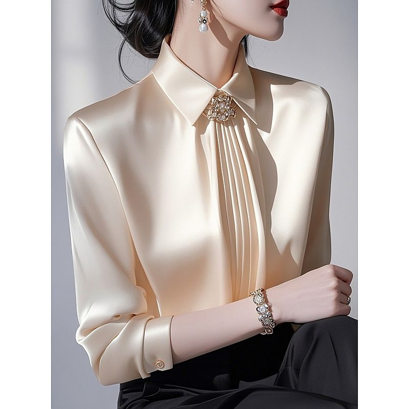 Damenbekleidung Leichtes Luxus High End Super Schönes Einzigartiges Champagner Satin Hemd_voghion.com