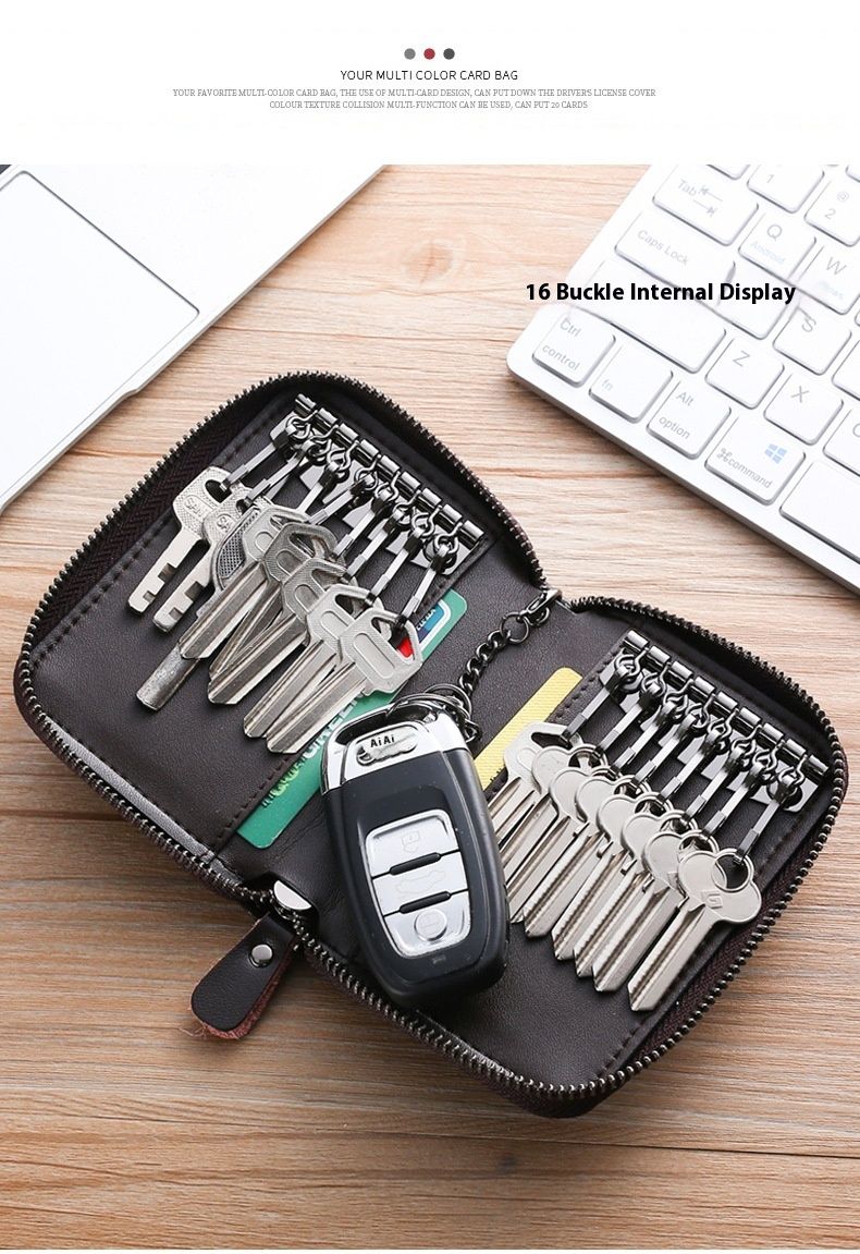 Andralyn Real Cowhide Car Key Bag Men's Large Capacity Zipper Bag Women's Waist Hanging Key Bag Trendy and Simple Card Bag_voghion.com