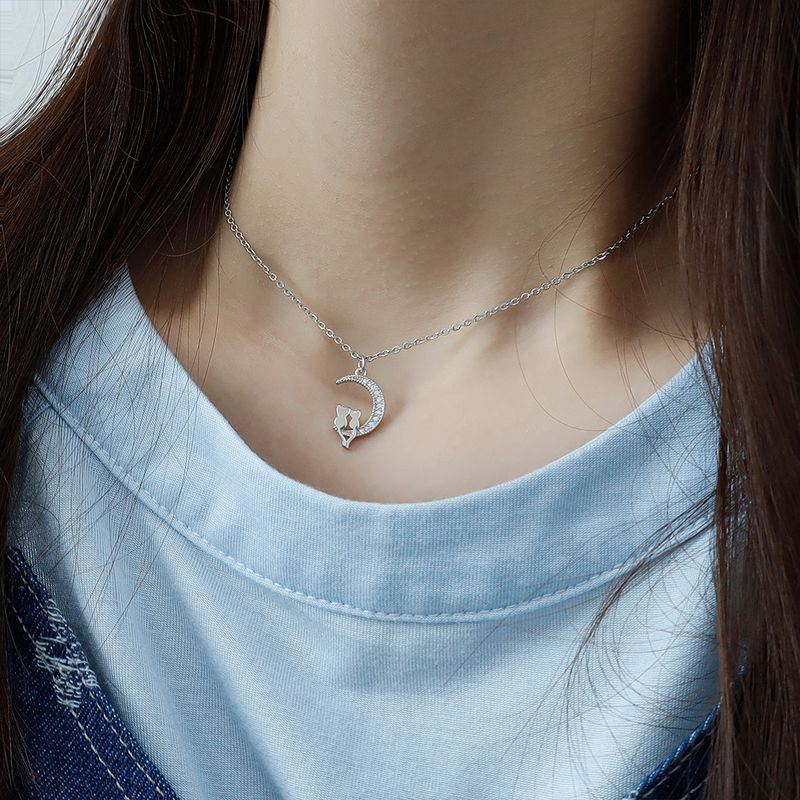 Pronta consegna originale Sterg cristallo luna gatto ciondolo collane per le donne argento femminile Chokers gioielli Collares Para Mujer_voghion.com