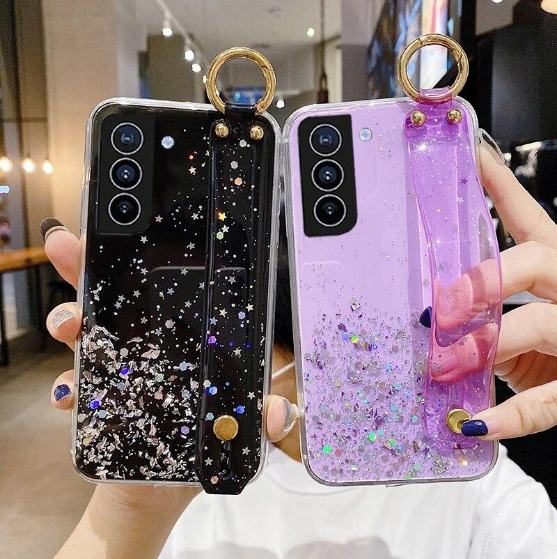 Bling Glitter Polsband Standhouder Case Voor Samsung S24 Ultra S23 S22 Plus S21 S20 FE A14 A54 a53 A23 A52 Soft Clear_voghion.com