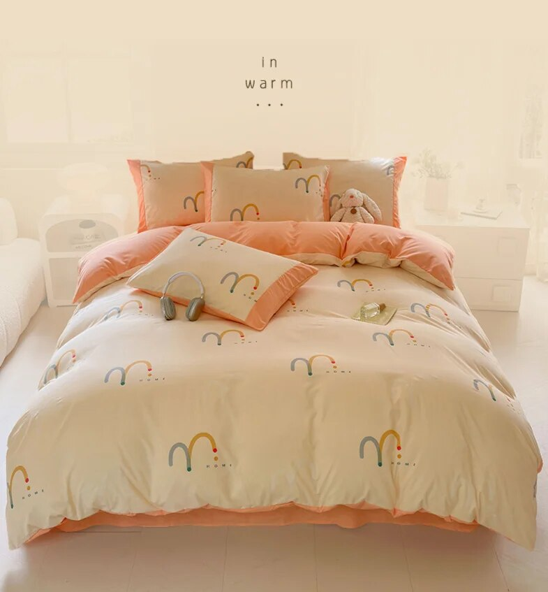 Set di tre pezzi di biancheria da letto per dormitorio a quattro molle di classe A, lenzuolo e copripiumino stampati con cartoni animati minimalisti_voghion.com