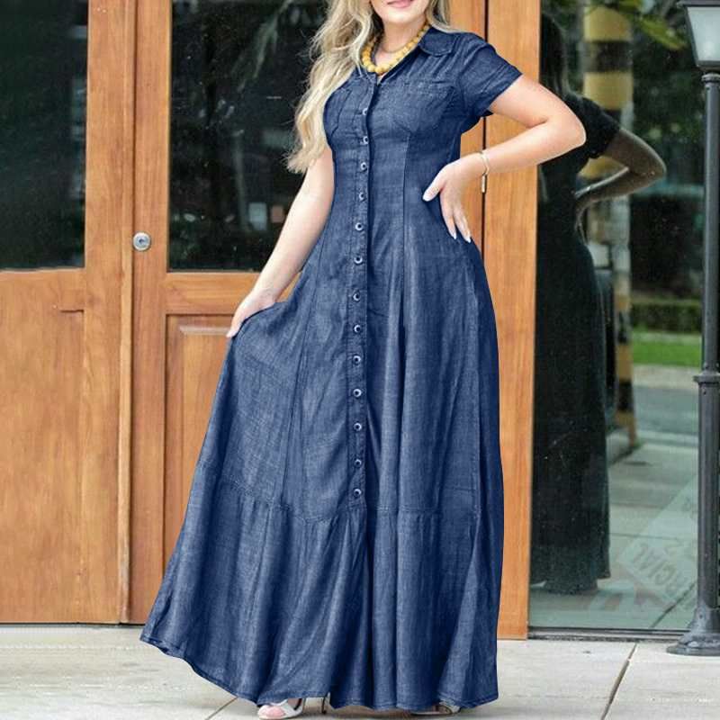 Damen Neues Heißes Verkaufs-Temperament-Hemdkragen-großer Swingrock-Jeanskleid_voghion.com