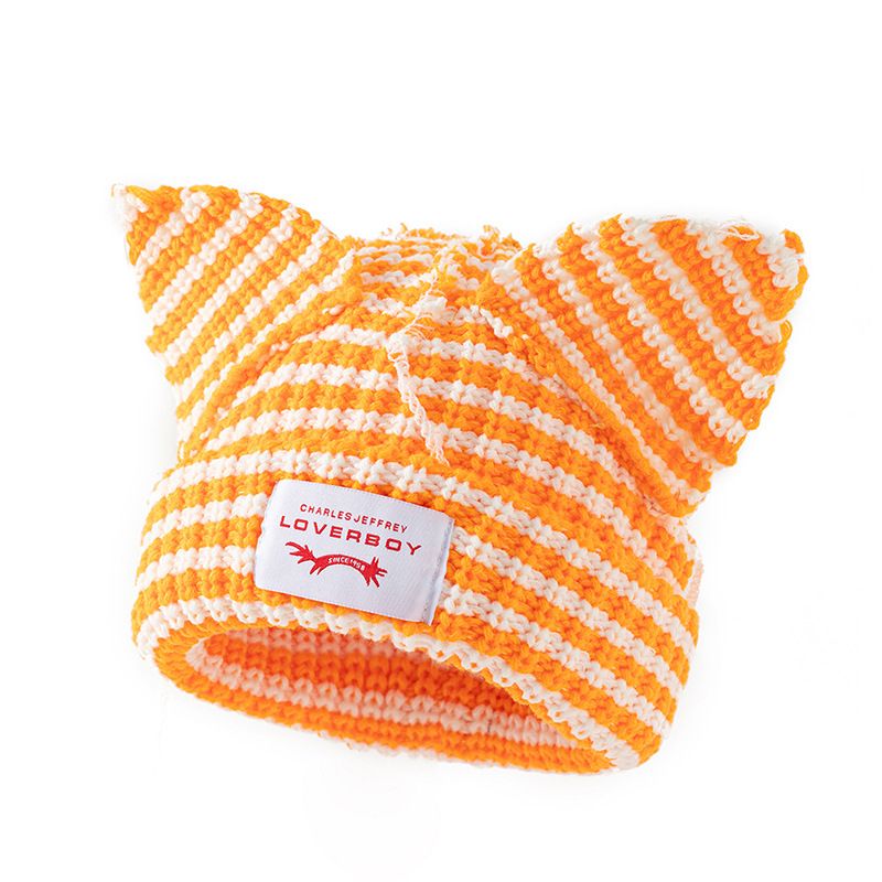 Berretto a righe in maglia con orecchie da gatto - Cappello invernale in acrilico morbido per calore e stile - Accessorio alla moda per coppie alla moda Cappello freddo per coppie del marchio alla moda_voghion.com