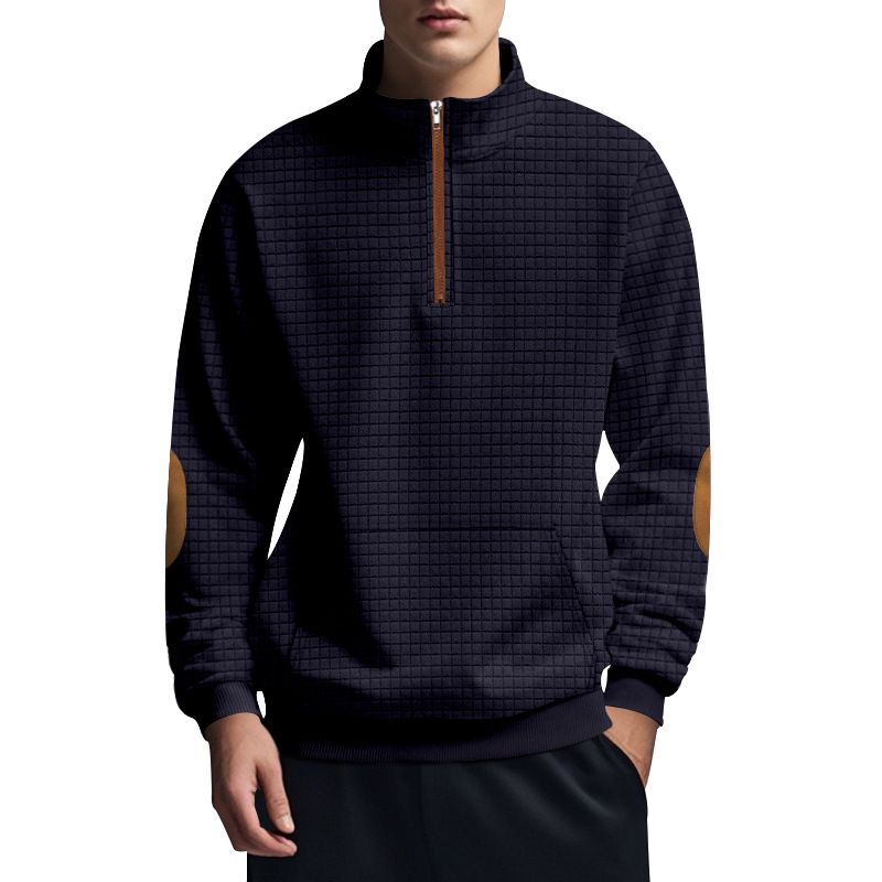 American Style Autumn Winter Men's Casual Sweatshirt Jacquard Small Square Embroidery Patchwork Stand Collar Loose Top_voghion.com