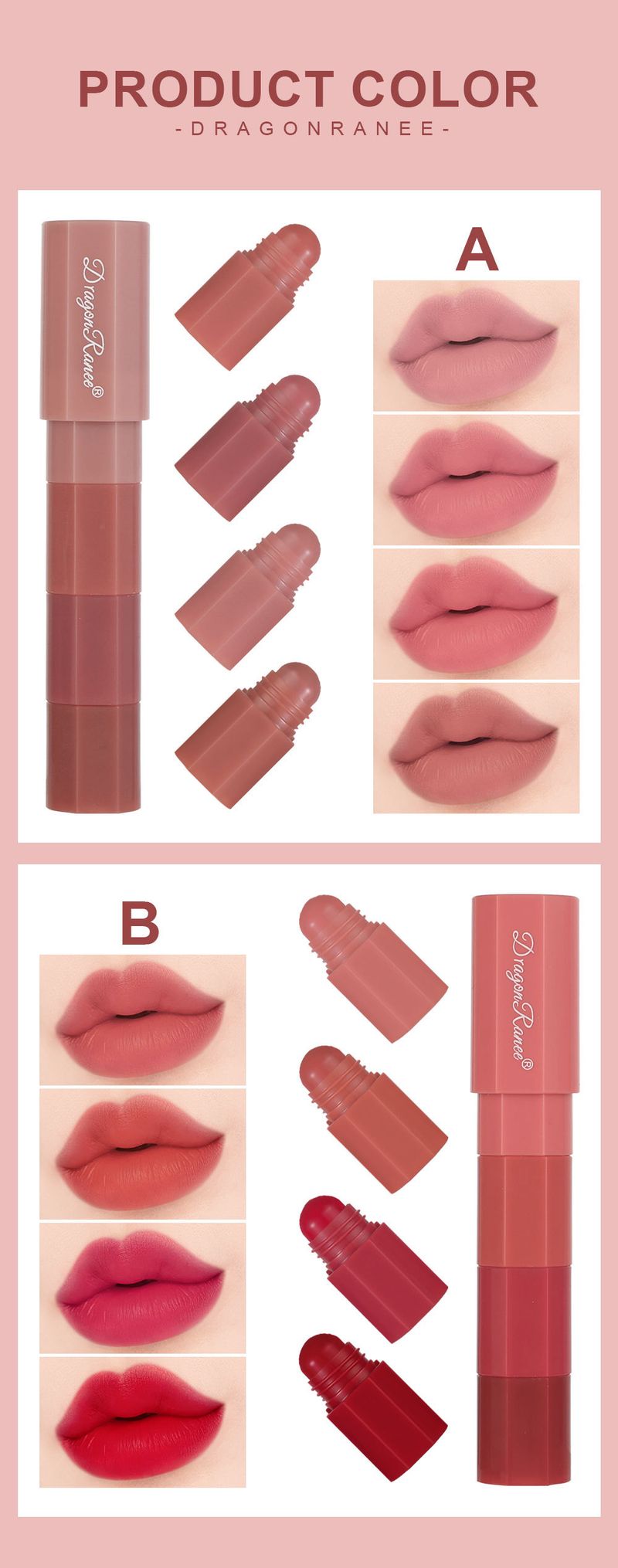 Set di 4 rossetti opachi retrattili - Tonalità nude, mini kit di rossetti portatile per il trucco in movimento_voghion.com