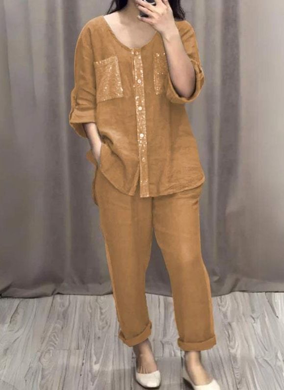 Costume deux pièces en coton et lin à paillettes de couleur unie pour femme_voghion.com