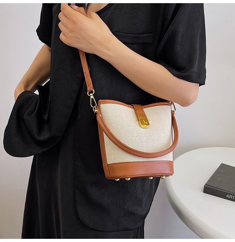 Color-Block Handheld Bucket For Women Korean Version New Fashionable Fabric Single Shoulder Crossbody Bag_voghion.com