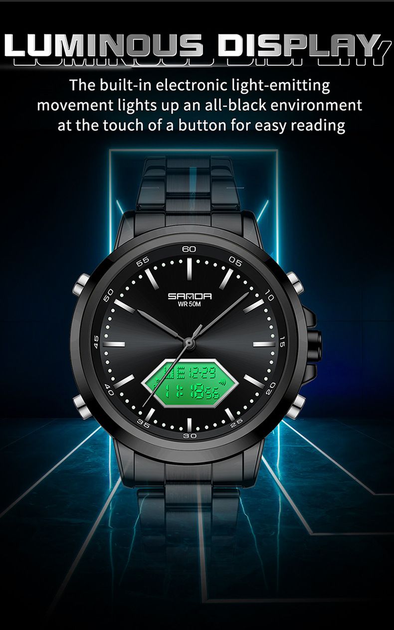 Stainless Steel Digital Analog Watch With LED Backlight, 50M Waterproof, Day/Date Display, Durable Outdoor Sport Watch For Casual & Active Wear_voghion.com