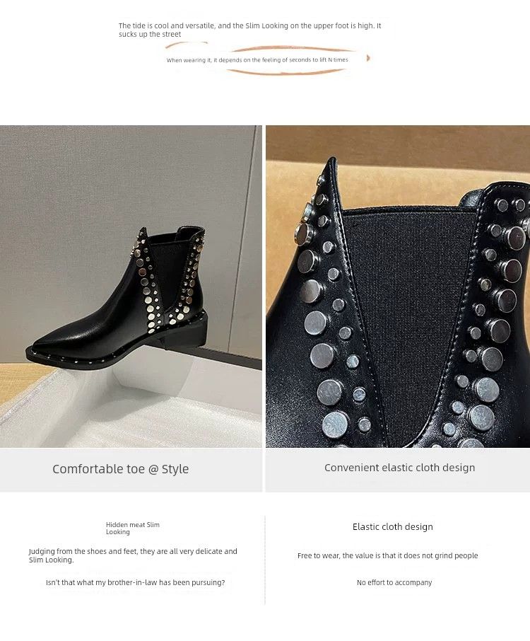 Stivaletti alla caviglia snellenti con tacco grosso e rivetti, punta affilata, per autunno e inverno_voghion.com