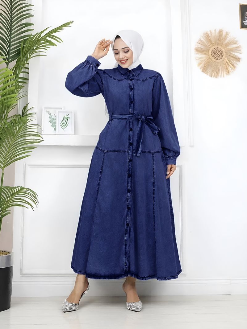 Modest Denim Maxi Dress With Lantern Sleeves – Loose Fit Muslim Skirt For Women (Light/Dark Blue, S-L)_voghion.com