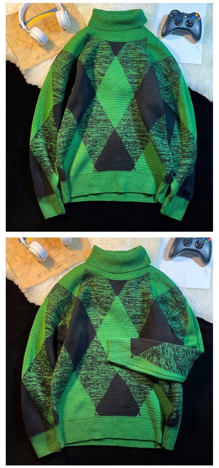Herren-Winter-Rollkragenpullover mit Karomuster, übergroßer Strickpullover für Männer und Frauen, dick, warm, lässig, schick_voghion.com