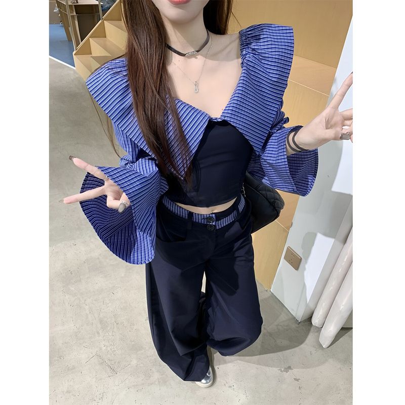 Camicia a maniche lunghe con patchwork a righe e spalle scoperte color-block da donna, pantaloni larghi casual in stile college primaverile, due pezzi_voghion.com