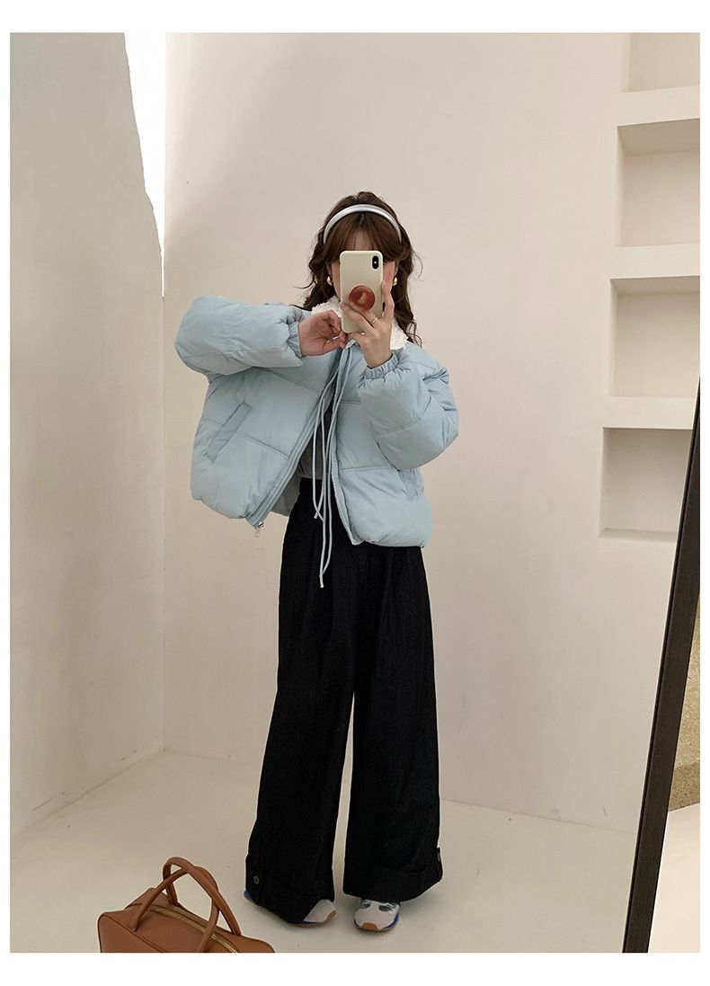 Cropped Sherpa-Lined Puffer Jacket – Korean Streetwear Belted Coat (4 Soft-Toned Colors, Lightweight Quilted Polyester)_voghion.com