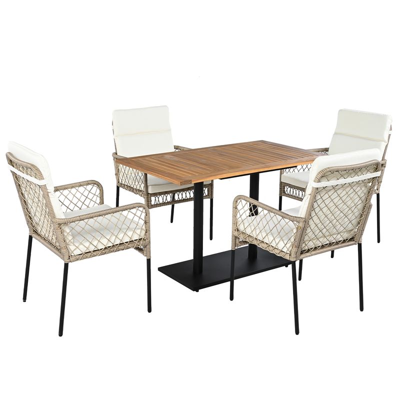 Ensemble de salle à manger d'extérieur 5 pièces pour 4 personnes, table en acacia massif, chaises en rotin synthétique, pour jardin et terrasse_voghion.com