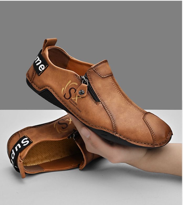 New Bean Heren Koreaanse Editie Handgemaakte Casual Rits Dagelijks Sport Rijden Leren Grote Maat Trendy Enkel Schoenen_voghion.com