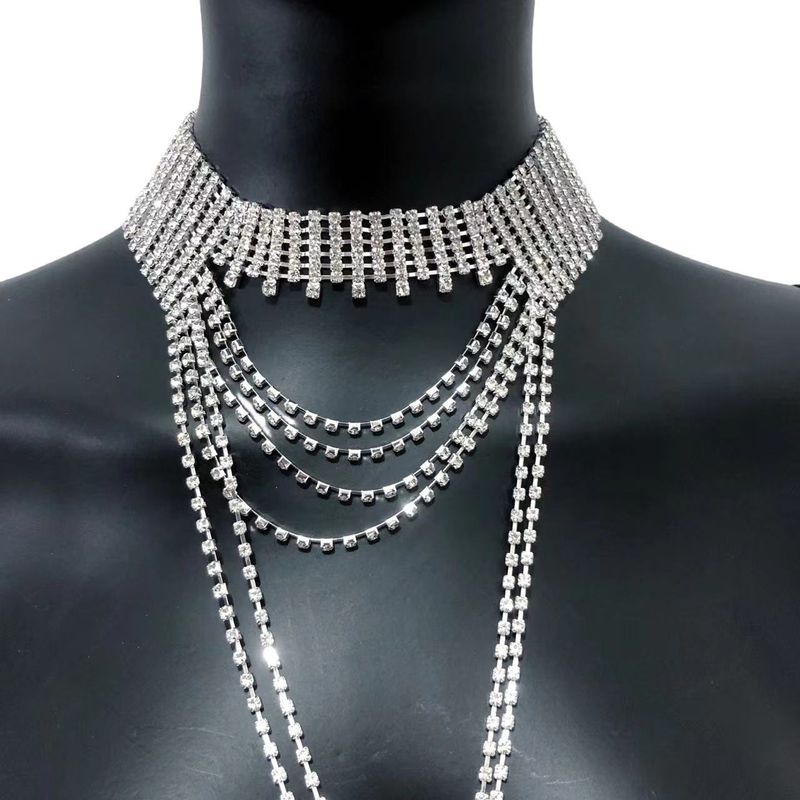 Collier de luxe en cristal brillant pour femme, personnalité exagérée, irrégulier, plein de diamants, chaîne de clavicule à pompon multicouche, collier en strass_voghion.com